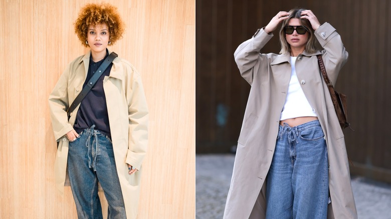 Side-by-side of two women wearing drawstring jeans.