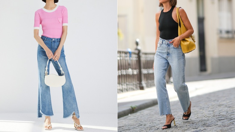 Two woman wearing contrasting cropped flare jeans, ultra-wide cropped flare jeans vs cropped kick flare jeans