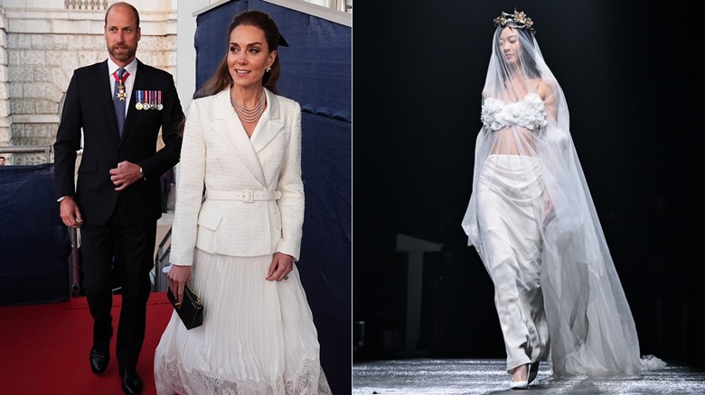 Kate Middleton smiles in a white blazer while attending a VE Day event, while a model wears bridal separates with a body-hugging veil