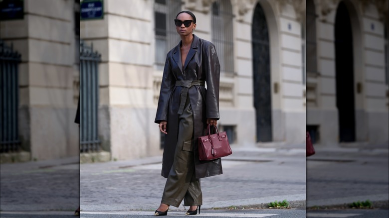 Belted leather trench coat