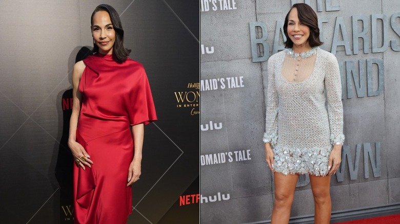 Amanda Brugel in a red dress next to Amanda Brugel in a minidress