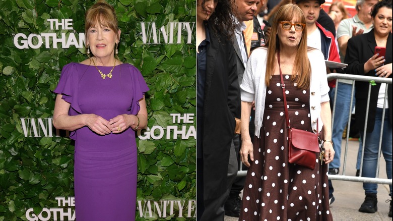 Ann Dowd wearing a purple dress next to Ann Dowd wearing a polka-dot dress