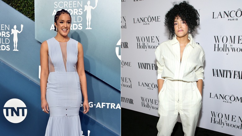 Bahia Watson in a light-blue gown next to Bahia Watson in a jumpsuit