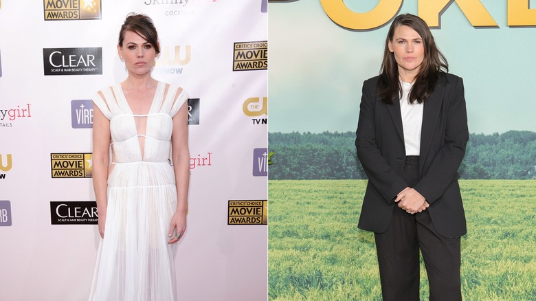 Clea Duvall in a white gown next to Clea Duvall in a black suit