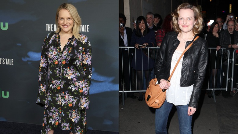 Elizabeth Moss in a purple floral dress next to Elizabeth Moss in a leather jacket