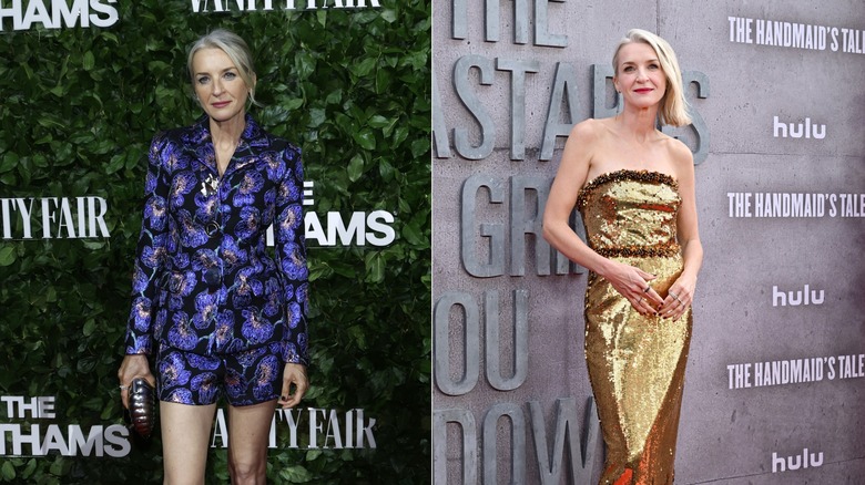 Ever Carradine in a purple floral dress next to Ever Carradine in a gold dress