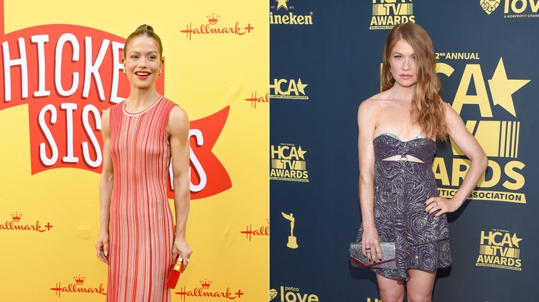 Genevive Angelson in a red striped dress next to Genevive Angelson in a blue strapless dress