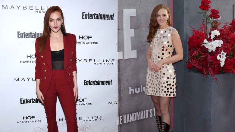 Madeline Brewer a in red jumpsuit next to Madeline Brewer in a spotty dress