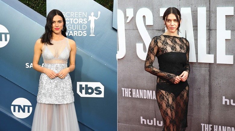 Nina Kiri in a pastel gown next to Nina Kiri in a black lace dress