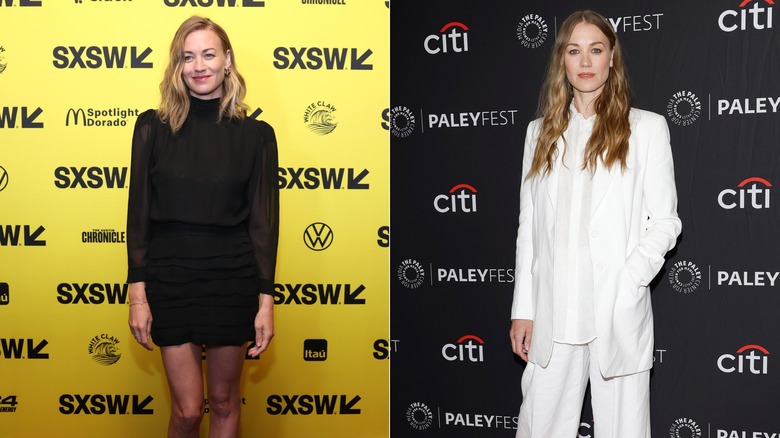 Yvonne Strahovski in a black high-neck dress next to Yvonne Strahovski in a white suit