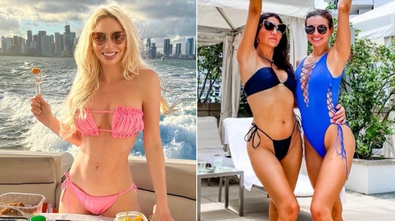 A side-by-side photo showing Andrea Catsimatidis in a pink swimsuit and Erin Elmore in a blue swimsuit