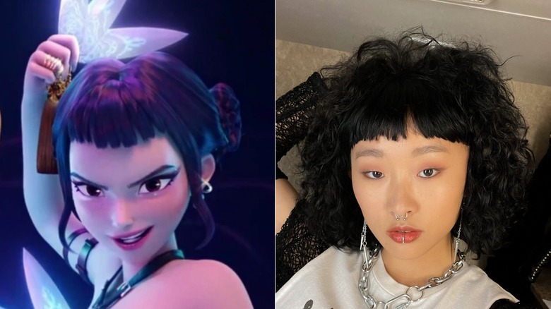 Zoey from "KPop Demon Hunters" and Ji-young Yoo posing with chains around her neck