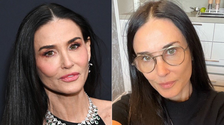 L: Demi Moore attends Women's Wear Daily Presents The 2026 WWD Style Awards ; R: A selfie of Demi Moore sharing with fans she voted