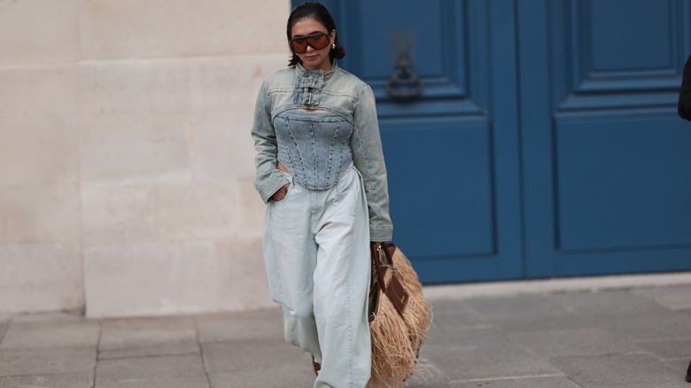 woman wearing denim outfit