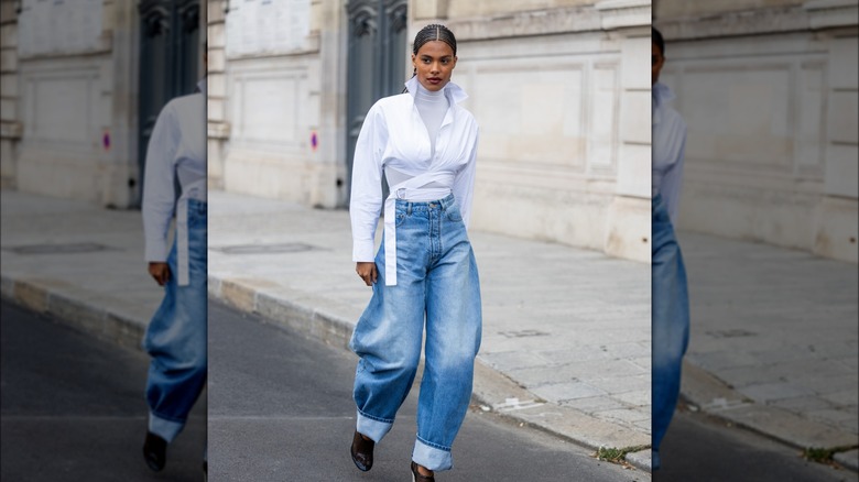 White shirt barrel-leg jeans