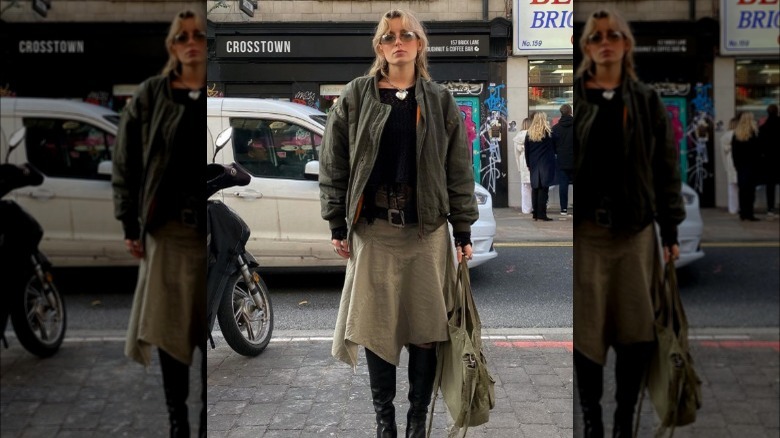 Woman in beige midi skirt