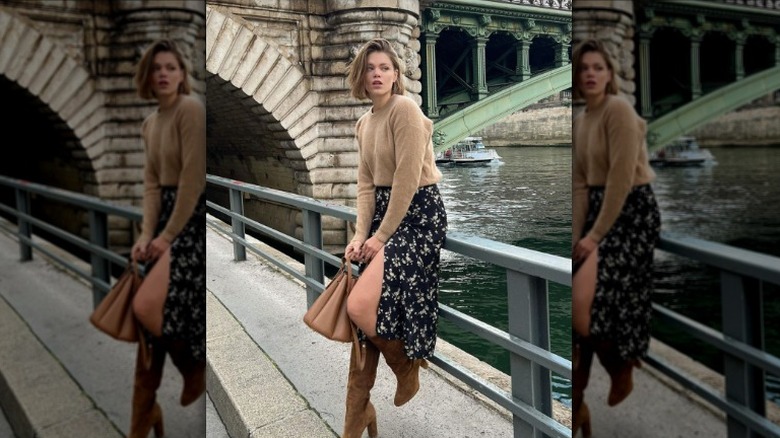 Woman in floral midi skirt