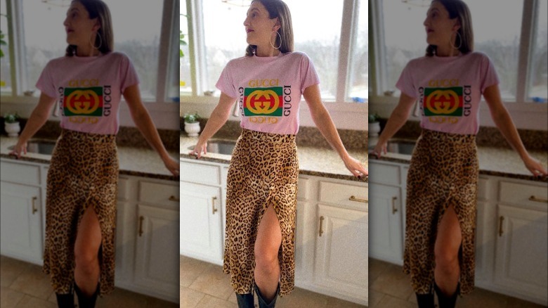 Woman wearing leopard print midi skirt