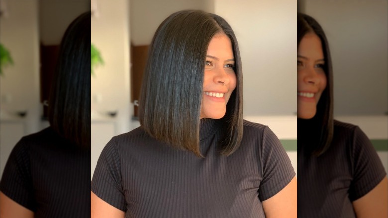 Woman models blunt mid-bob