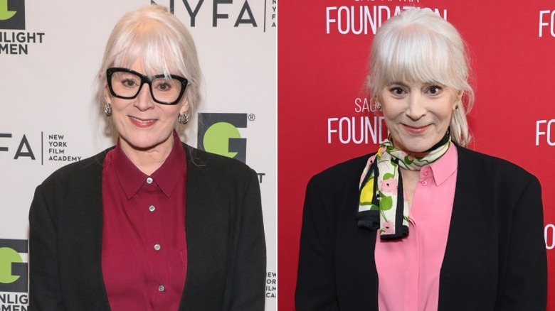 Patricia Richardson at two events, one in a red button-down shirt and the other in a pink shirt