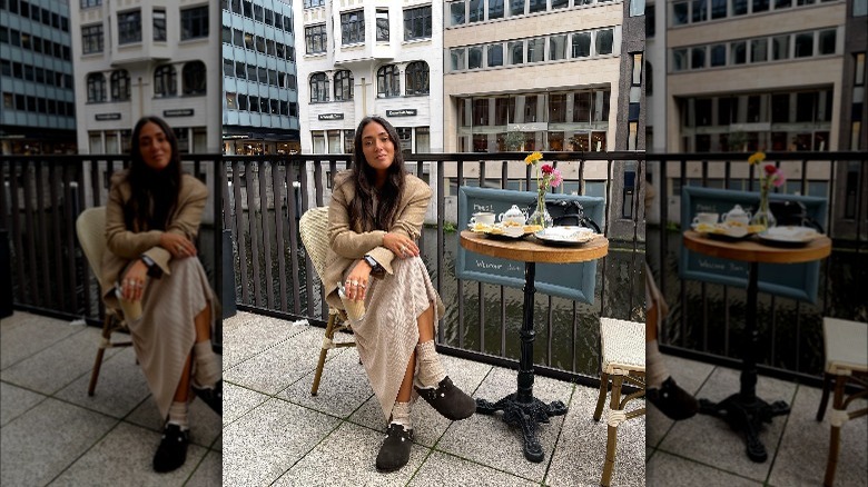 Girl wearing clogs with sweater dress