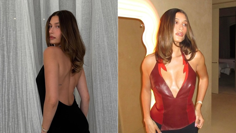 Hailey Bieber in a black backless dress vs a red halter