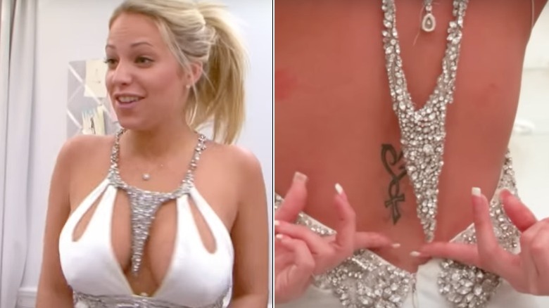 A bride-to-be tries on a revealing gown