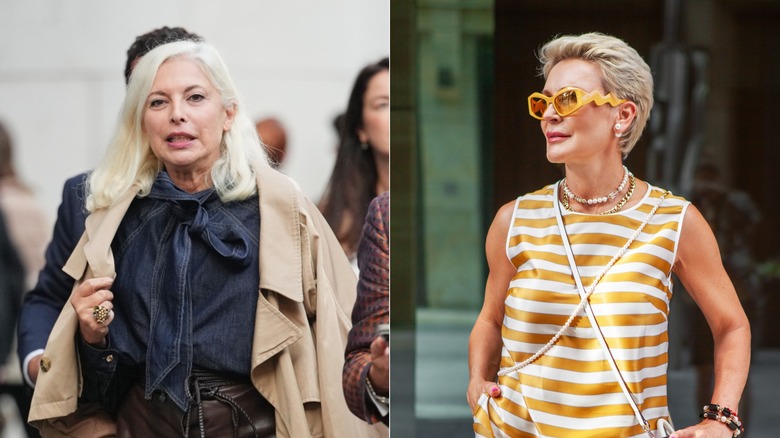 An older woman with platinum blond hair vs a woman with a warmer blond pixie with brown lowlights