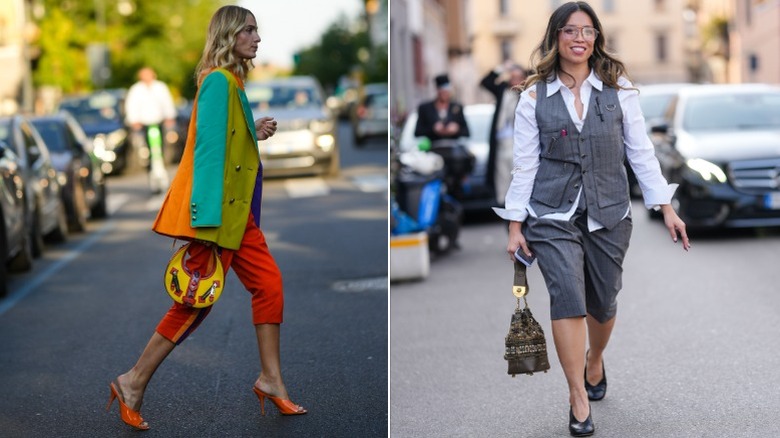 Two women walk down the street in capri pants and trendy shoes