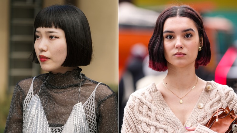 A person wearing a black slick French bob next to a person wearing a brown tousled one-length bob with red tips