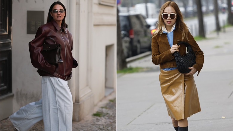A side-by-side image showing a woman wearing a brown leather jacket with flowy white pants on the left and a woman wearing a lighter-brown jacket and skirt on the right