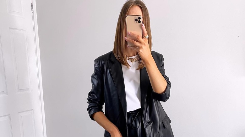 Woman wearing double leather