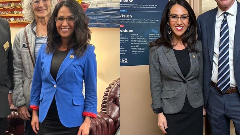 A side-by-side image of Lauren Boebert wearing a blue ill-fitting blazer on the left and a gray one on the right