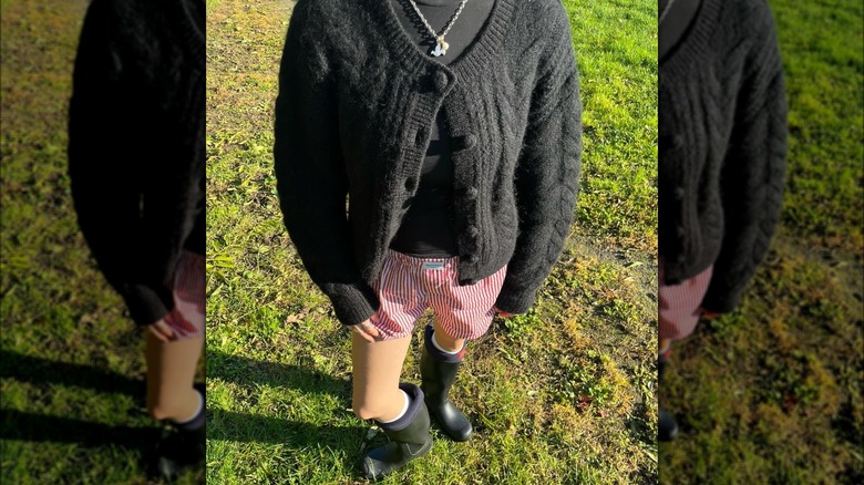 red striped boxers and black cardigan