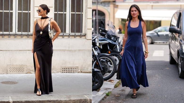 A woman wearing a black maxi with jelly flip flops next to a woman in a blue maxi with mesh flats