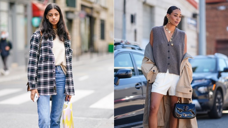 A woman in a flannel shirt and jeans next to a woman in a sweater vest and shorts