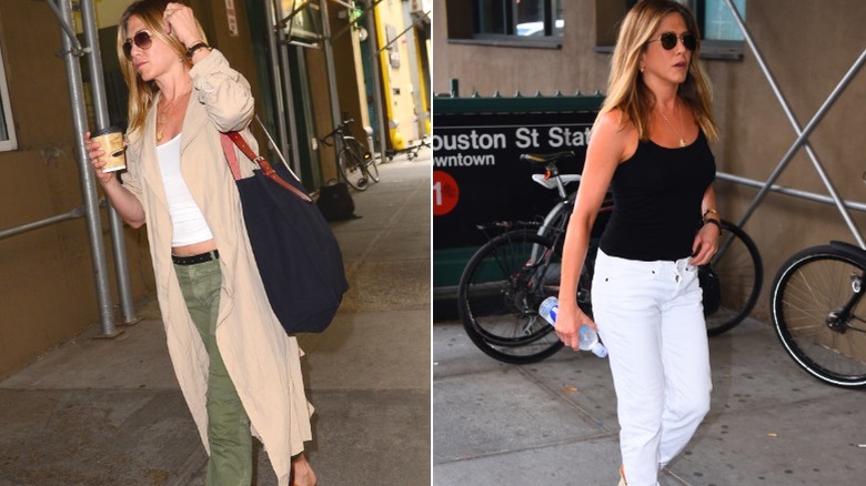 A side-by-side photo of Jennifer Aniston wearing casual outfits (a white tank top with green pants on the left and a black tank top with white pants on the right)