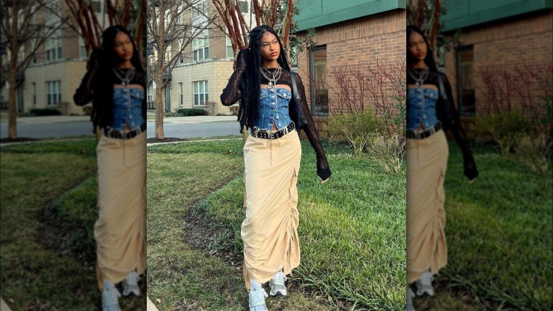 Woman wearing beige cargo maxi skirt