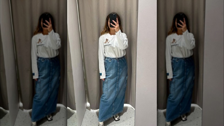 Woman wearing denim cargo maxi skirt