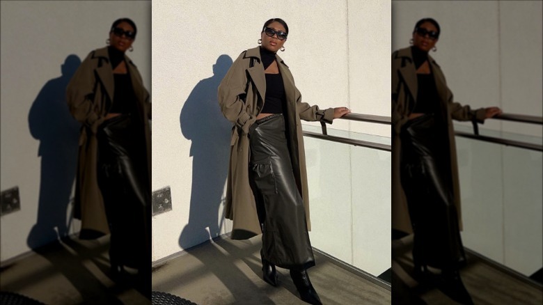 Woman wearing pleather cargo maxi skirt