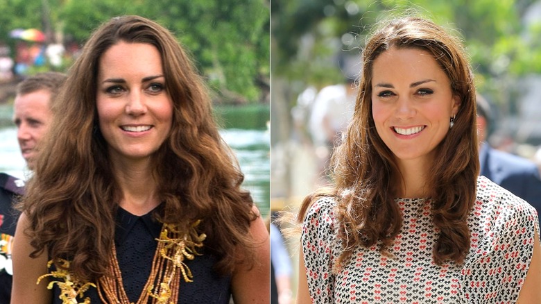Side-by-side of Kate Middleton in Singapore with fluffy and frizzy hairstyles.