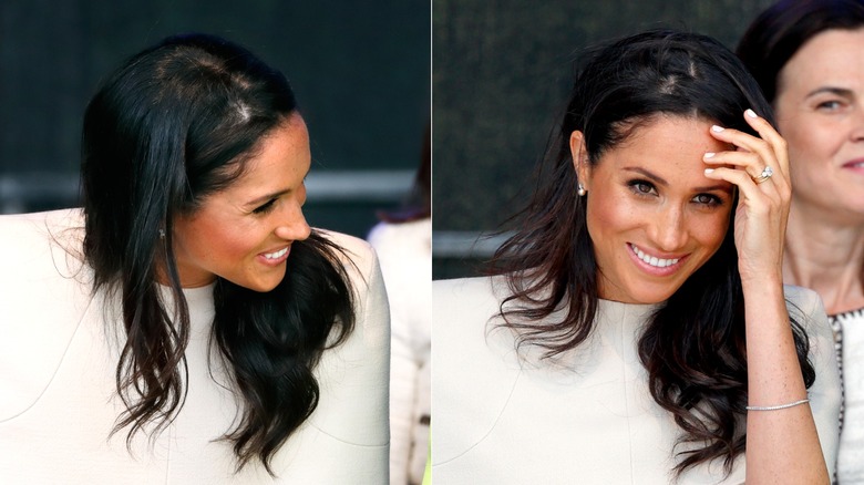 Side-by-side of Meghan Markle with very disheveled hair during a day out with Queen Elizabeth II.