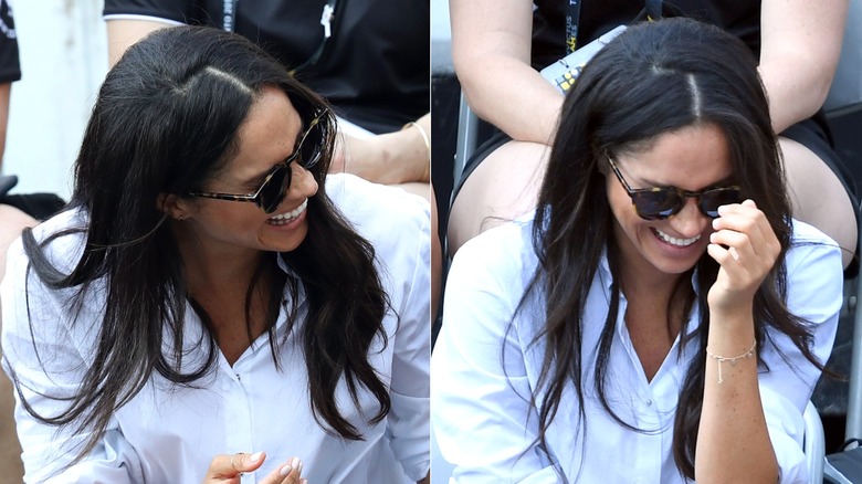 Side-by-side of Meghan Markle with poorly parted hair at the 2017 Invictus Games.