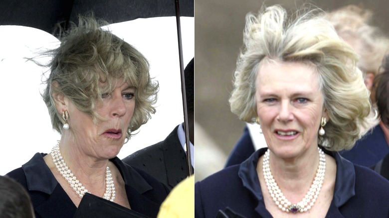 Side-by-side of Queen Camilla's hair blowing in the wind in 2005.