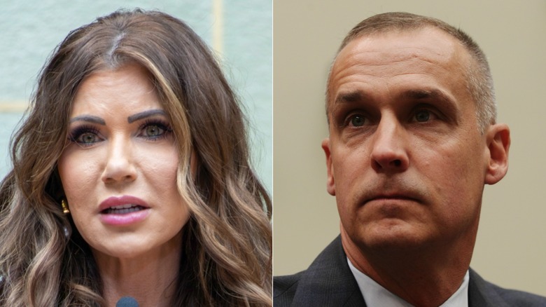 Kristi Noem photographed while speaking at a political event and Corey Lewandowski photographed in a suit during an official meeting