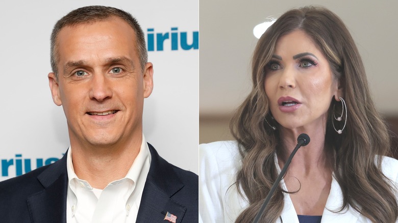 Corey Lewandowski photographed in a suit at a SiriusXM event and Kristi Noem photographed while speaking at a political event