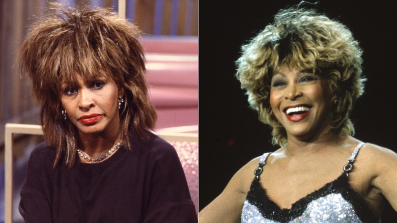 Tina Turner in 1984 with her blond backcombed wig and in 1990 with her shag cut wig
