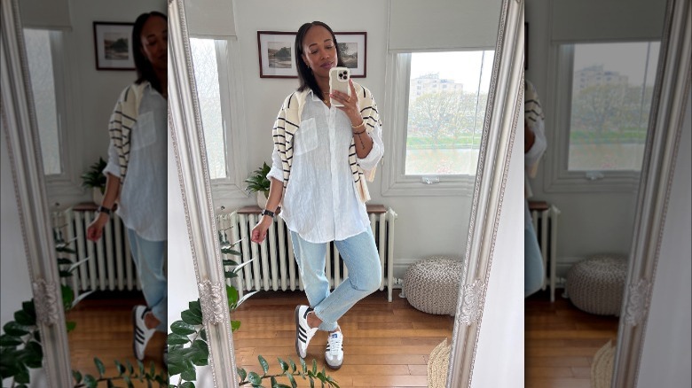 Adidas Sambas and blue jeans