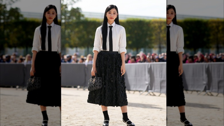 White shirt black midi skirt