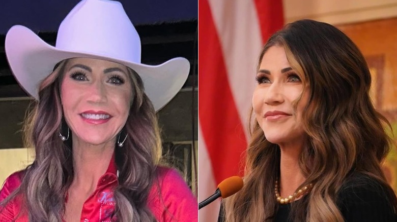 Kristi Noem wearing a cowboy hat and pearls